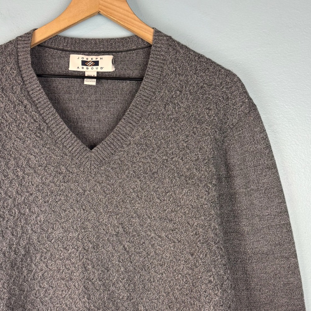Joseph Abboud Mens 2XLT Gray Merino Wool Blend V-Neck Textured Pullover Sweater